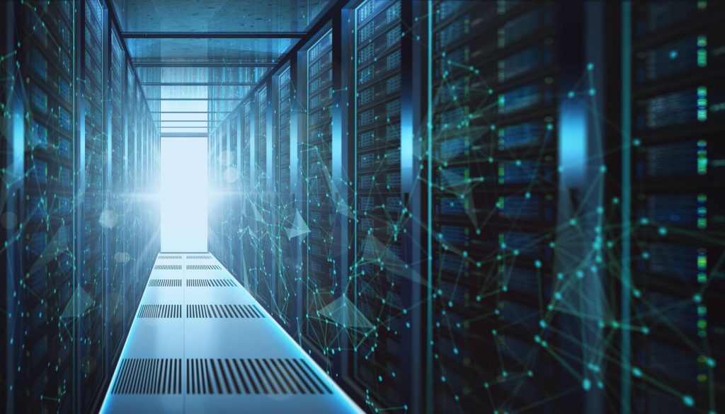 Data center aisle with rows of servers