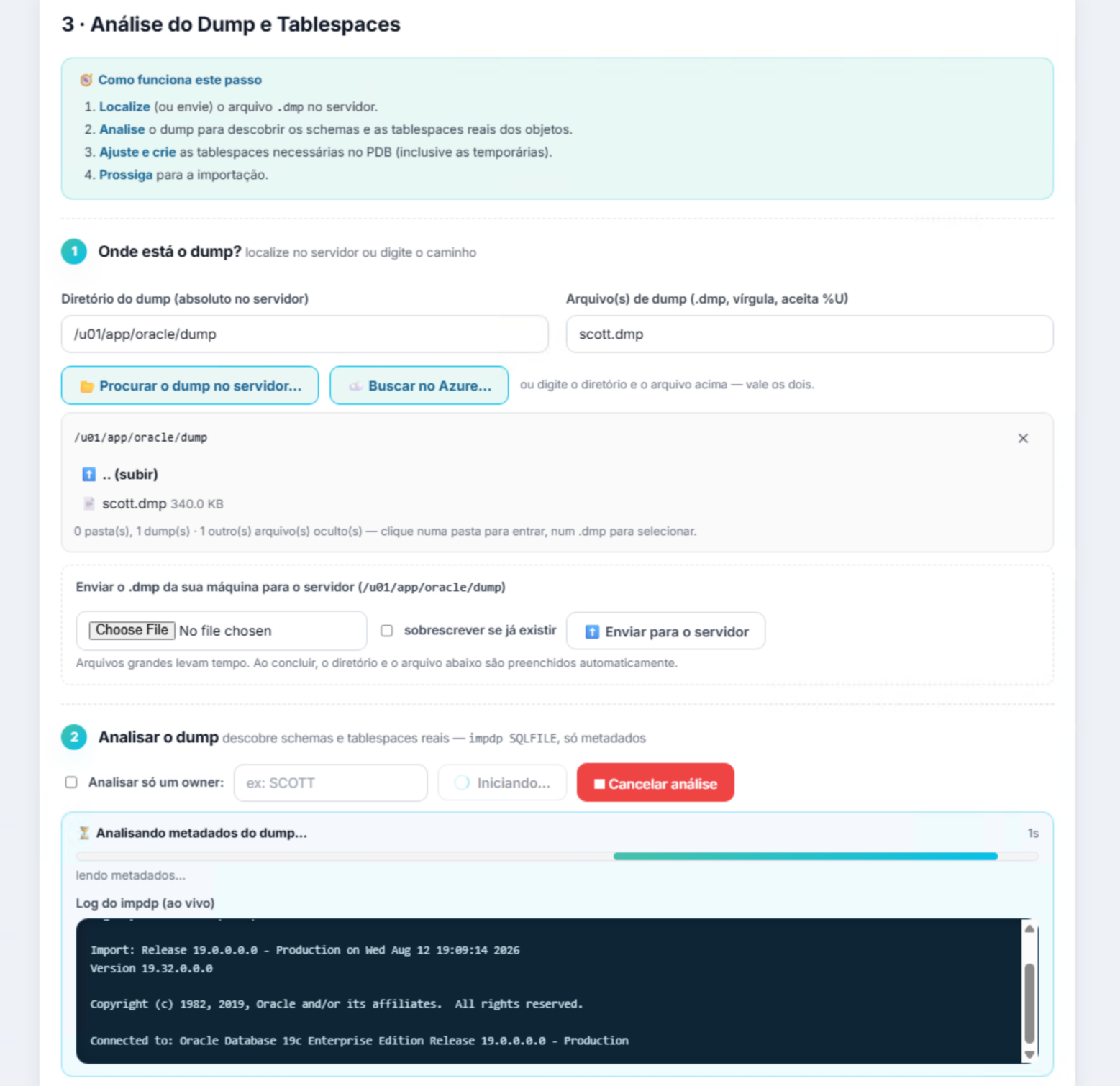Análise do dump no AutoDump com o log do impdp ao vivo, via SQLFILE