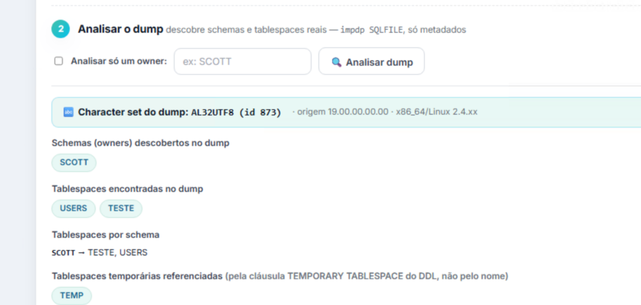 Resultado da análise do AutoDump: character set, schemas e tablespaces descobertos no dump
