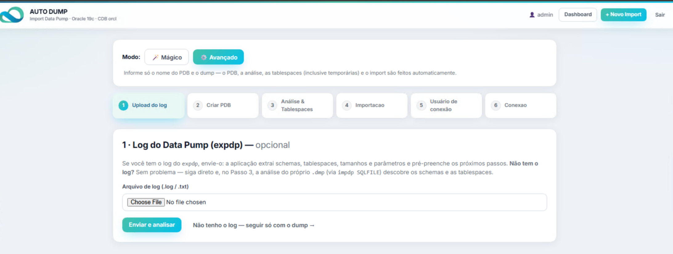 Modo Avançado do AutoDump: assistente em seis passos, do upload do log do expdp à conexão
