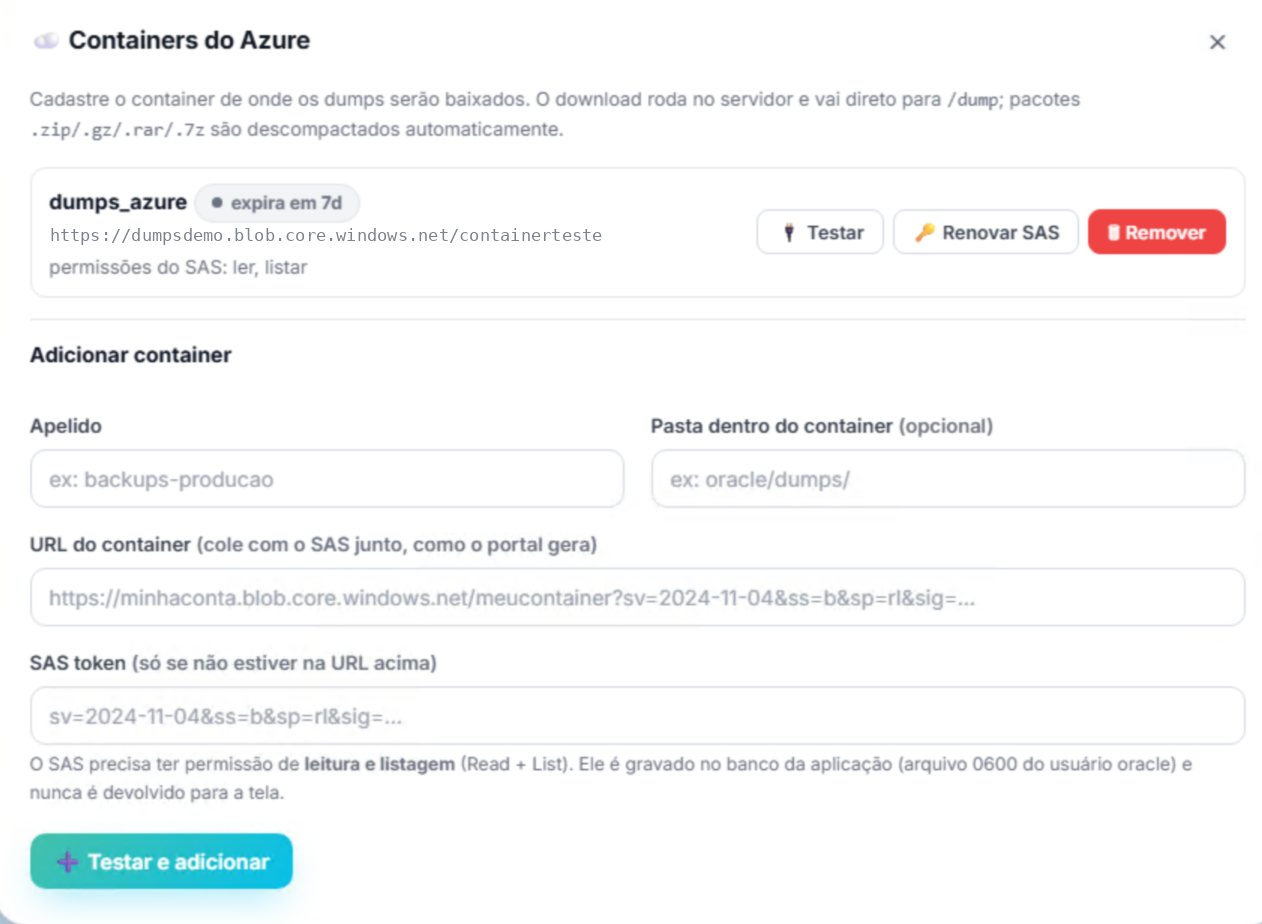 Cadastro de containers do Azure no AutoDump, com SAS de leitura e listagem e download direto para o servidor