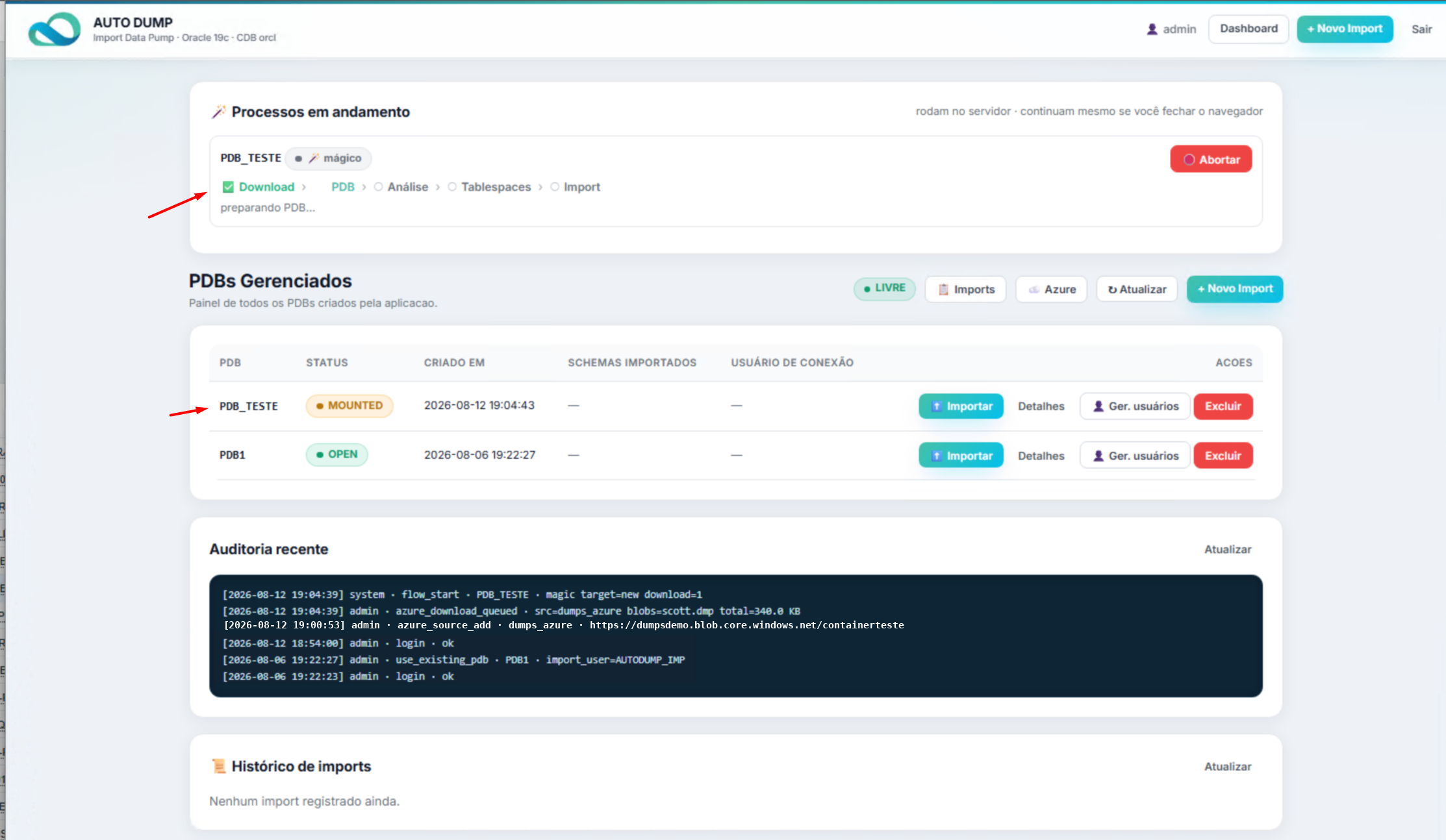 Import em andamento no AutoDump: etapas de download, PDB, análise, tablespaces e import, com trilha de auditoria