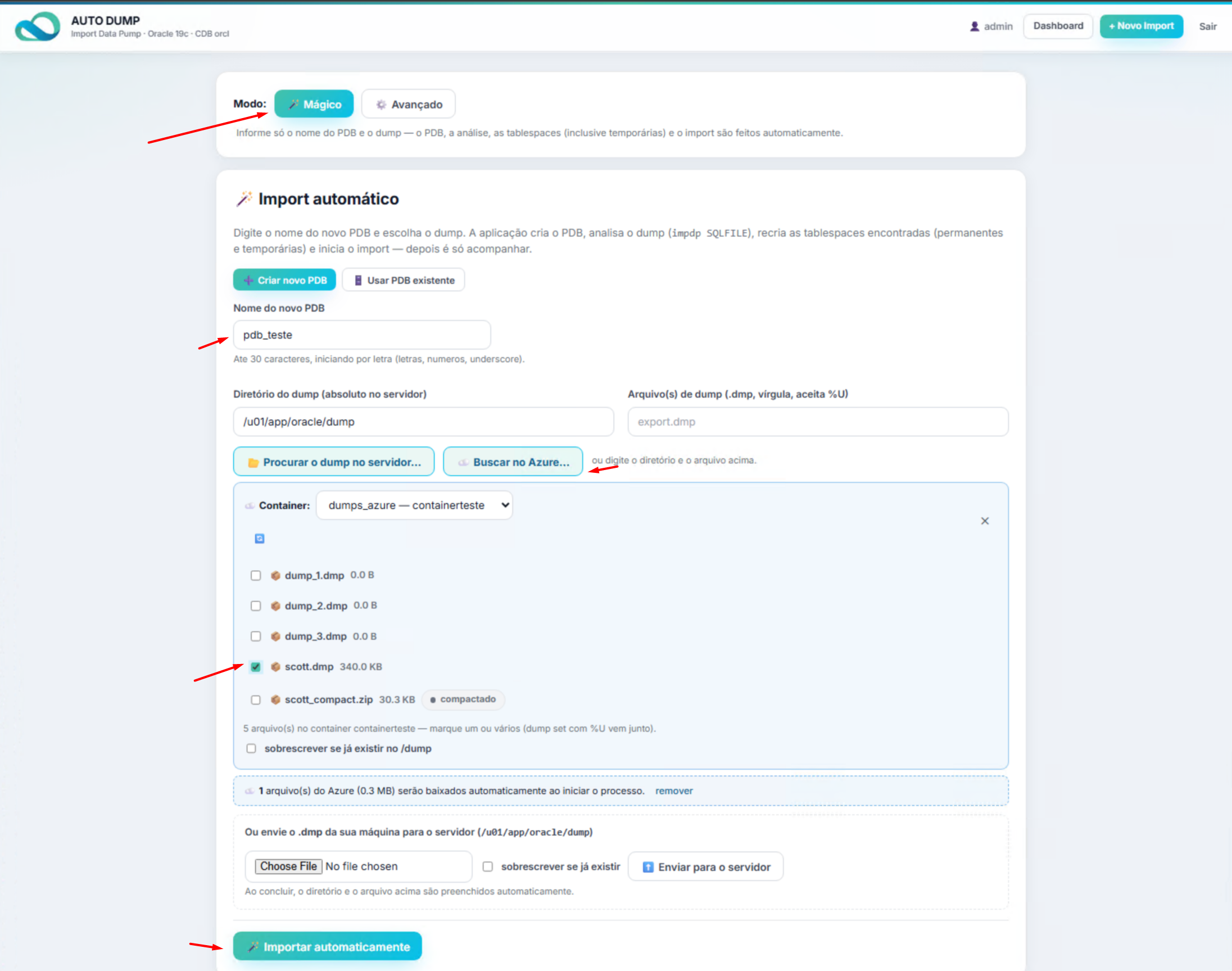 Modo Mágico do AutoDump: nome do novo PDB, dump escolhido no container do Azure e import automático