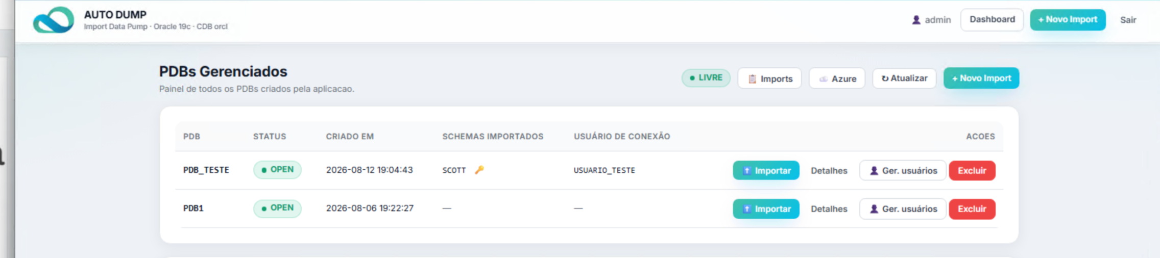 PDB pronto no AutoDump: schema SCOTT importado e usuário de conexão criado
