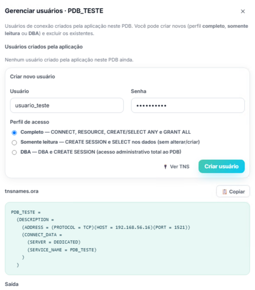 Criação de usuário de conexão no AutoDump, com perfis de acesso e tnsnames.ora gerado automaticamente