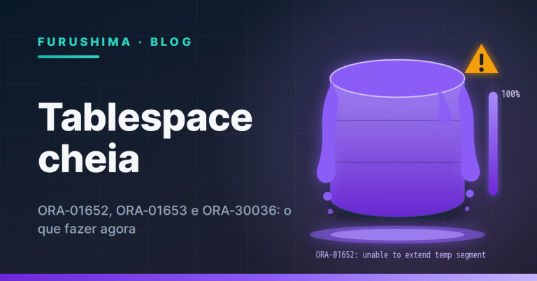 Ilustração de uma tablespace do Oracle cheia até a borda e transbordando, com medidor em 100 por cento e o erro ORA-01652