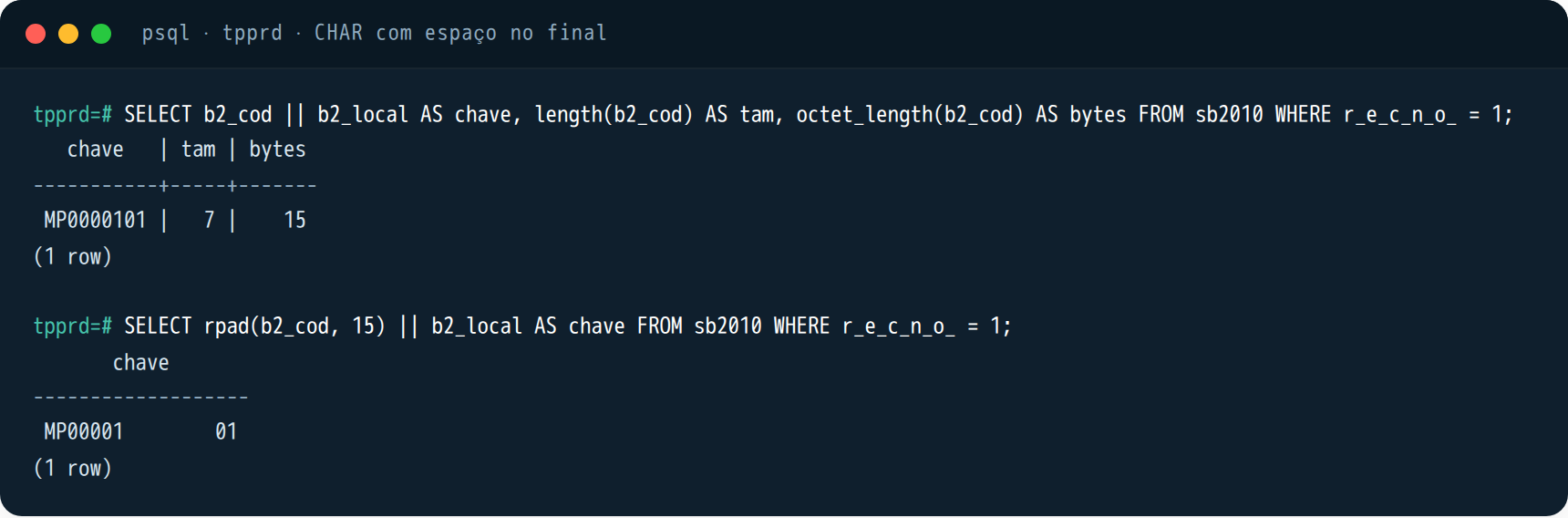 psql: concatenar CHAR no PostgreSQL descarta os espaços do final; length devolve 7 e octet_length devolve 15