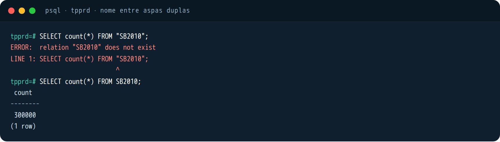 psql: SELECT em SB2010 entre aspas duplas dá erro relation does not exist; sem aspas funciona