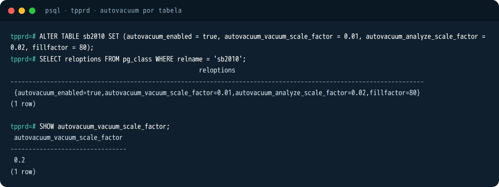 psql: ALTER TABLE sb2010 com autovacuum_vacuum_scale_factor 0.01 e fillfactor 80, enquanto o padrão global segue 0.2