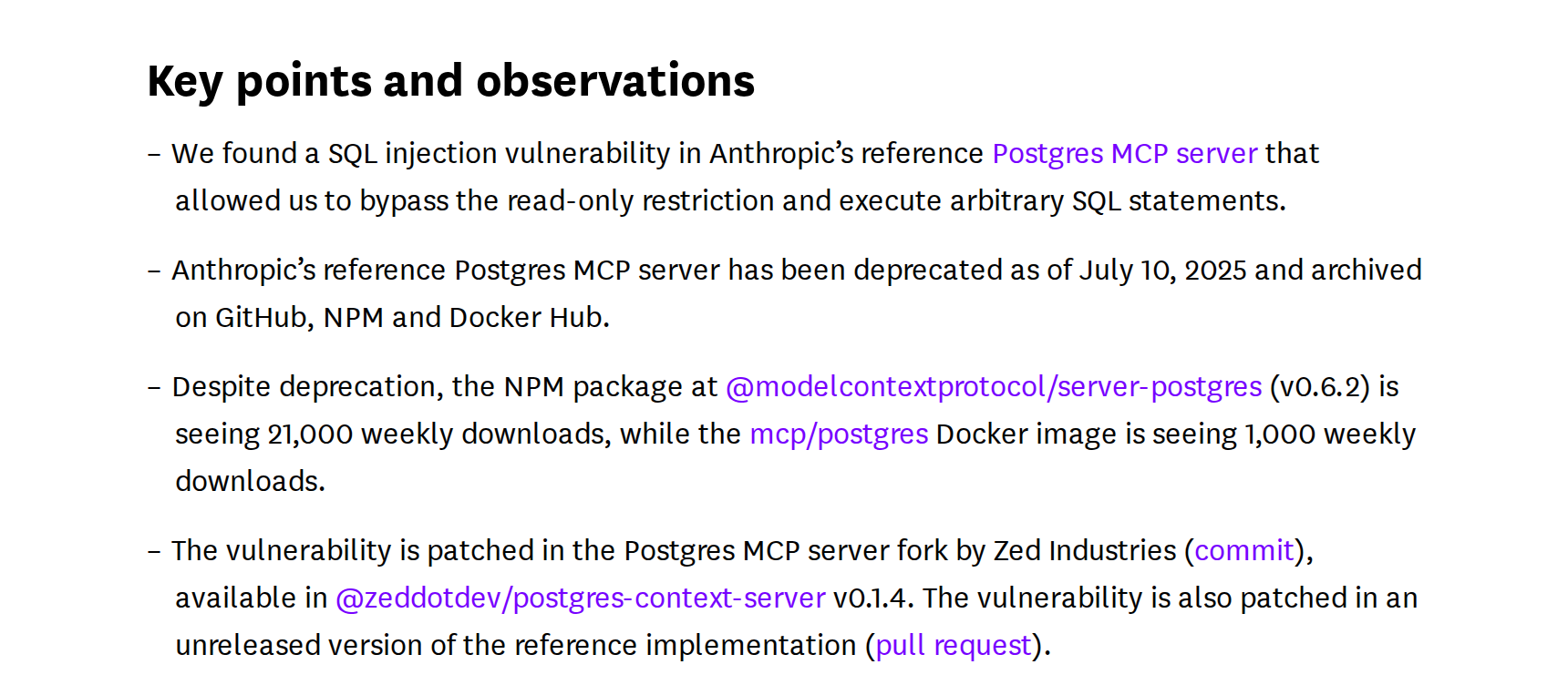 Trecho do artigo da Datadog Security Labs: SQL injection no servidor MCP de Postgres de referência da Anthropic, deprecado em 10 de julho de 2025