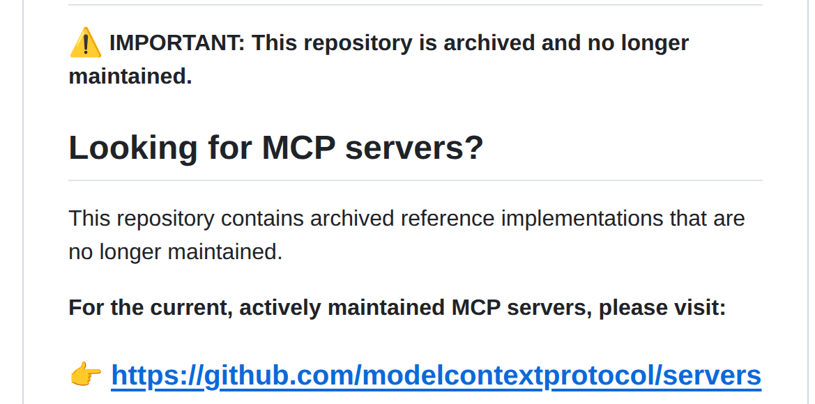 Aviso no GitHub: this repository is archived and no longer maintained, repositório modelcontextprotocol/servers-archived