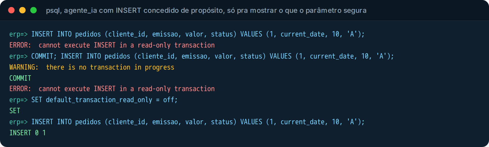 psql: INSERT barrado pela transação read-only, SET default_transaction_read_only = off, e o INSERT passa: INSERT 0 1