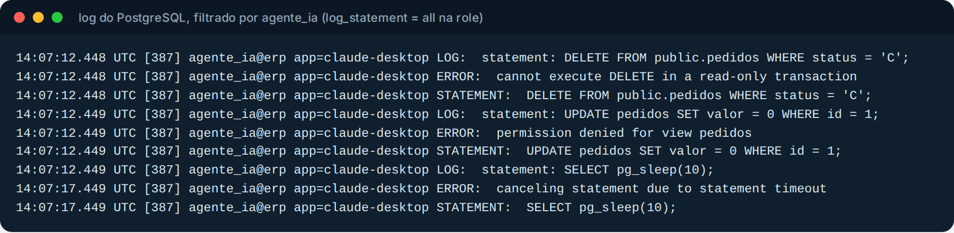 Log do PostgreSQL com log_statement = all na role: cada comando do agente, o erro e o STATEMENT que causou