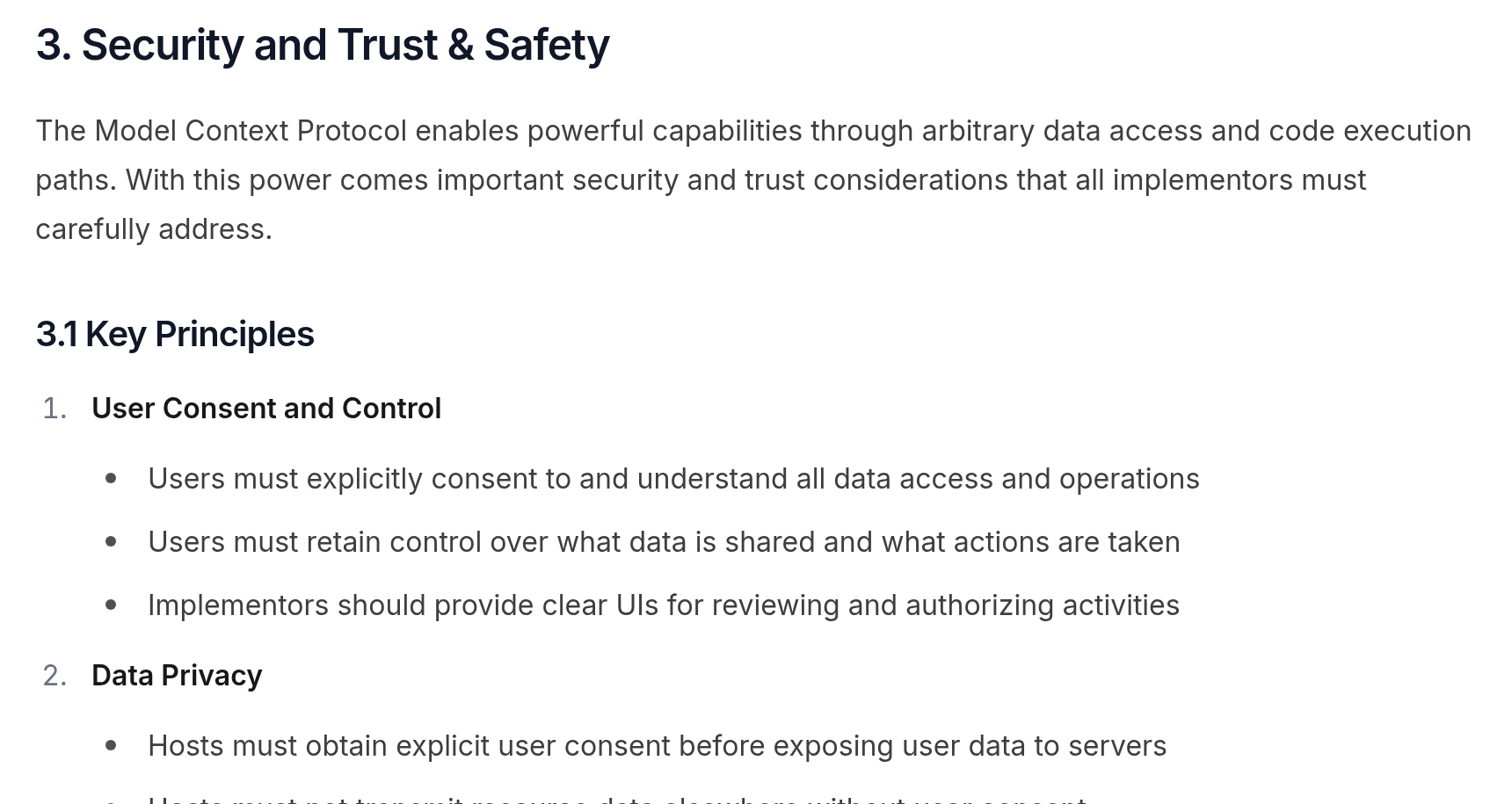 Seção 3 da especificação do Model Context Protocol: users must explicitly consent to and understand all data access and operations