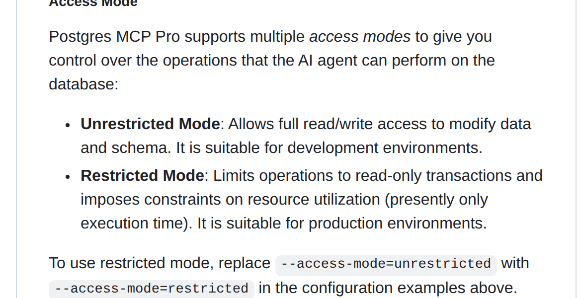 README do Postgres MCP Pro: unrestricted mode para desenvolvimento, restricted mode para produção