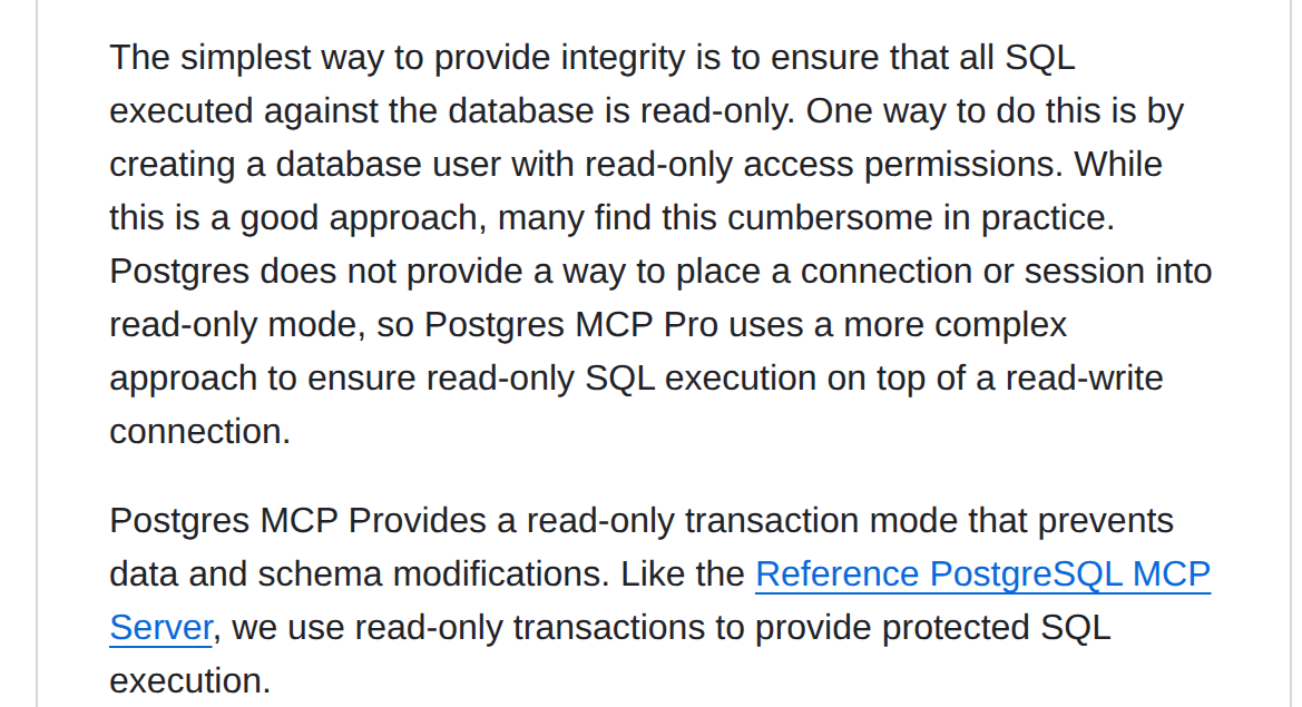 README do Postgres MCP Pro: Postgres não tem como colocar uma conexão em modo read-only, então o servidor usa transações read-only