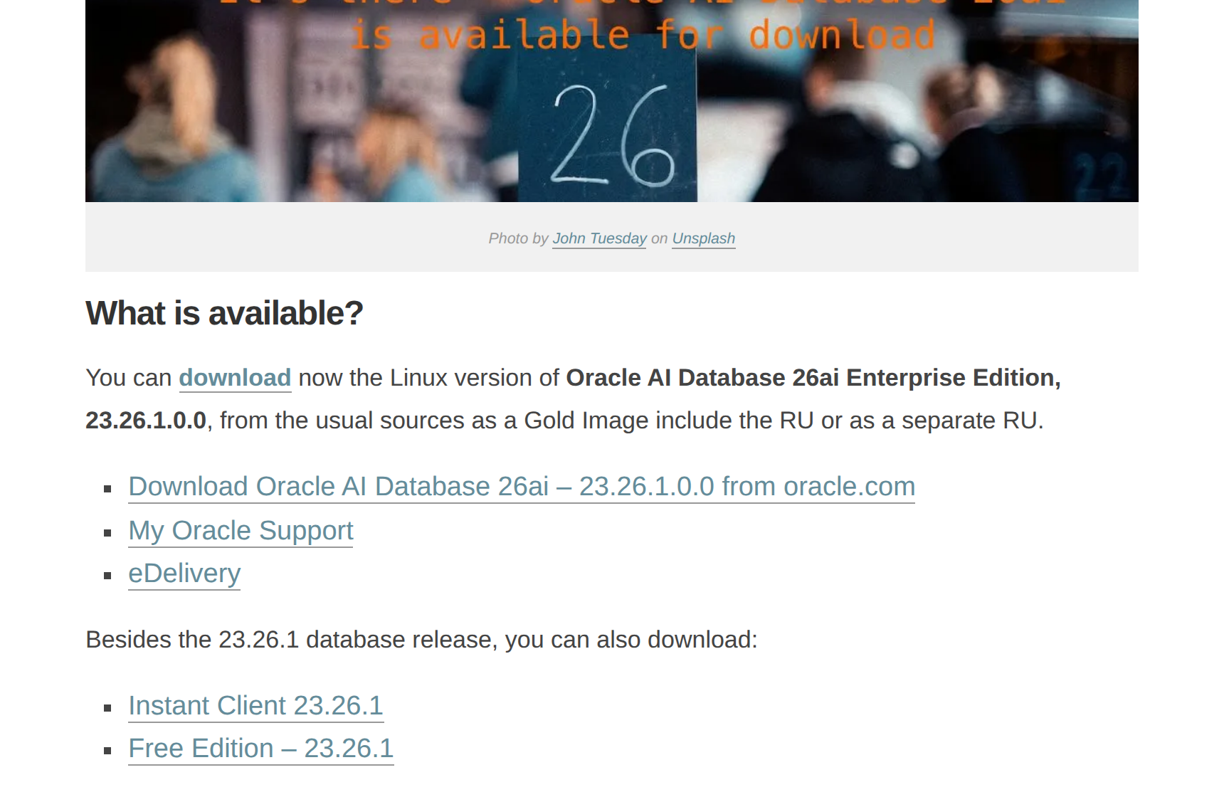 Post de Mike Dietrich de 27 de janeiro de 2026: você já pode baixar a versão Linux do Oracle AI Database 26ai Enterprise Edition, 23.26.1.0.0