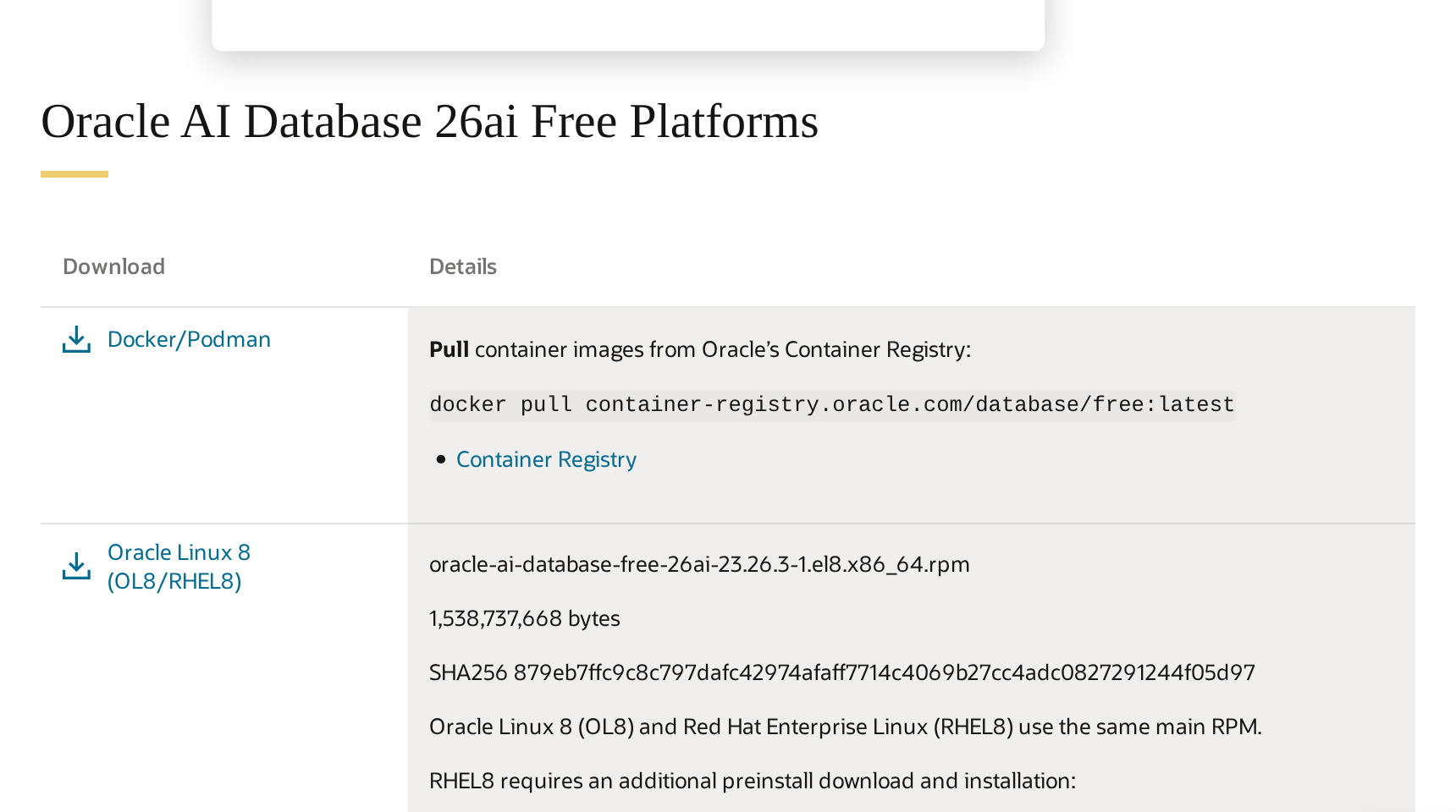 Página Oracle AI Database Free Platforms: docker pull container-registry.oracle.com/database/free:latest, e o RPM oracle-ai-database-free-26ai-23.26.3 para Oracle Linux 8