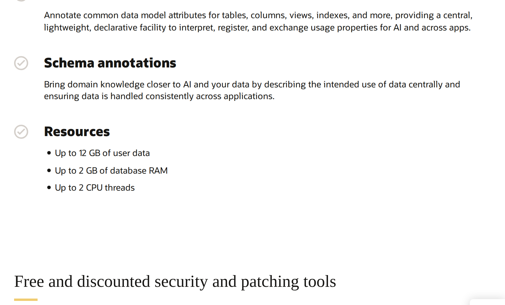 Página Oracle AI Database Free: resources, up to 12 GB of user data, up to 2 GB of database RAM, up to 2 CPU threads