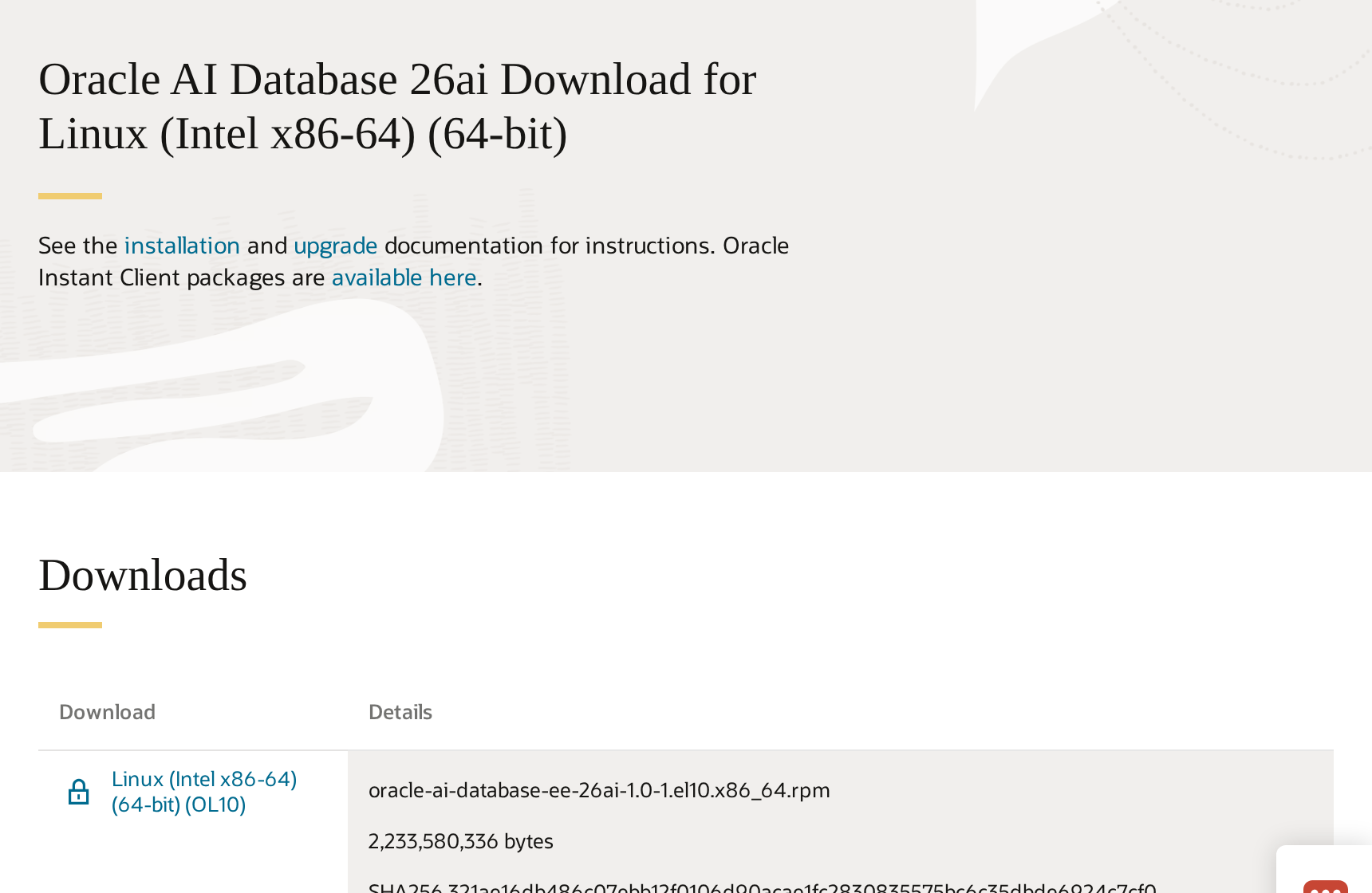 Página oracle.com de download do Oracle AI Database 26ai para Linux x86-64, com o RPM oracle-ai-database-ee-26ai-1.0-1.el10.x86_64.rpm