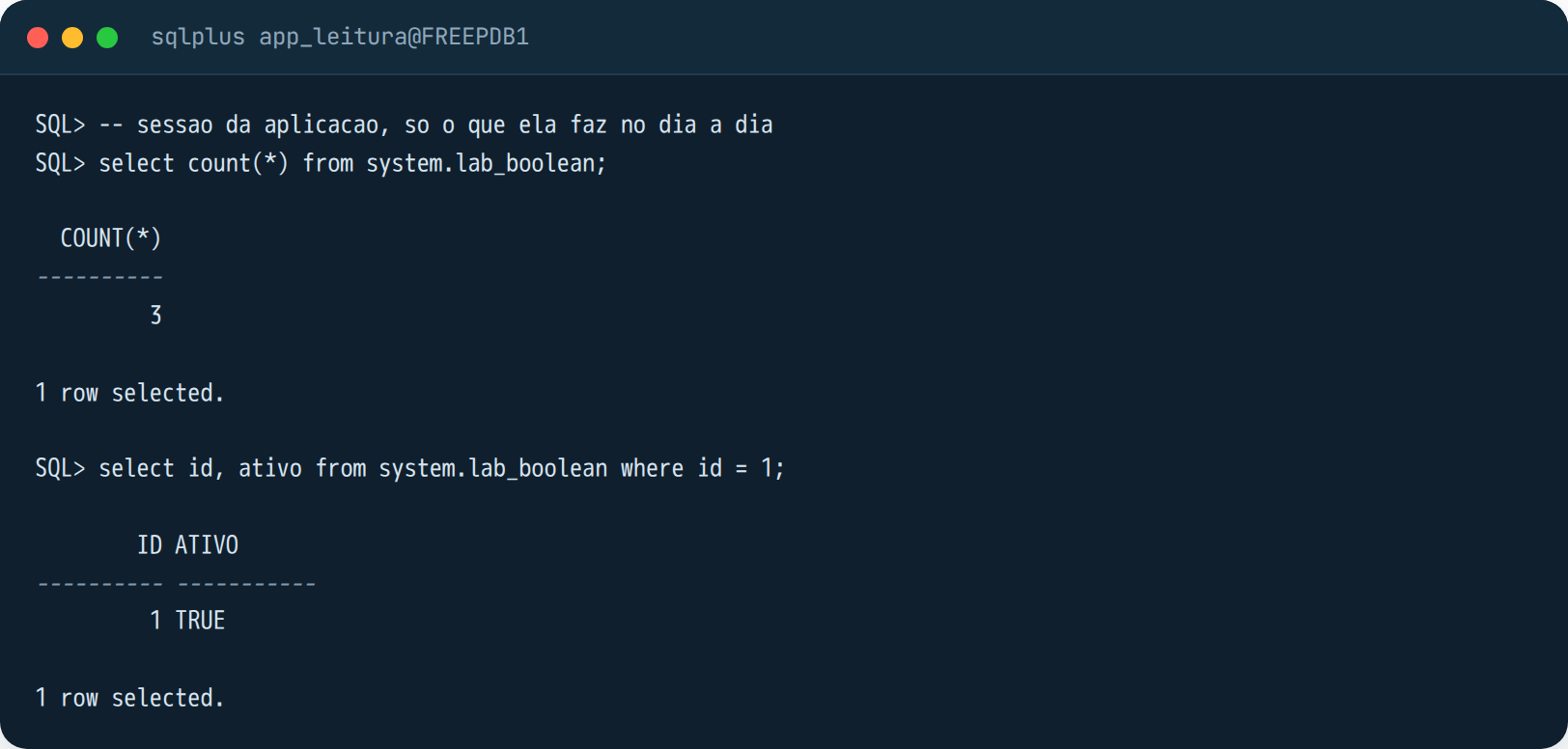 SQL*Plus como app_leitura: select count(*) from system.lab_boolean retorna 3 e select id, ativo where id = 1 retorna TRUE