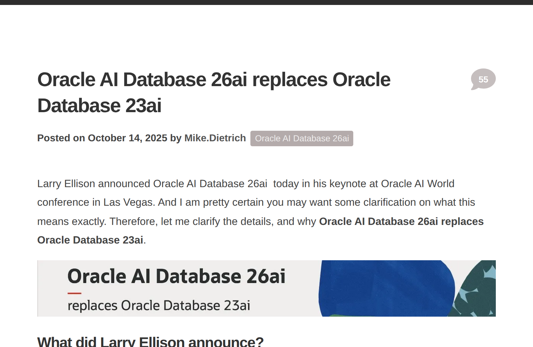 Post do blog de Mike Dietrich de 14 de outubro de 2025: Oracle AI Database 26ai replaces Oracle Database 23ai