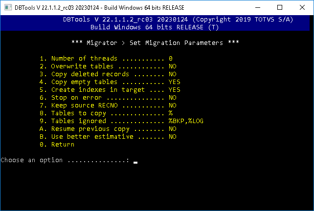Tela do DBTools da TOTVS: Migrator, Set Migration Parameters, com os valores padrão