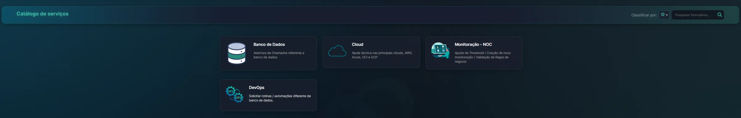 Catálogo de serviços do portal com as áreas de banco de dados, cloud, monitoração e DevOps