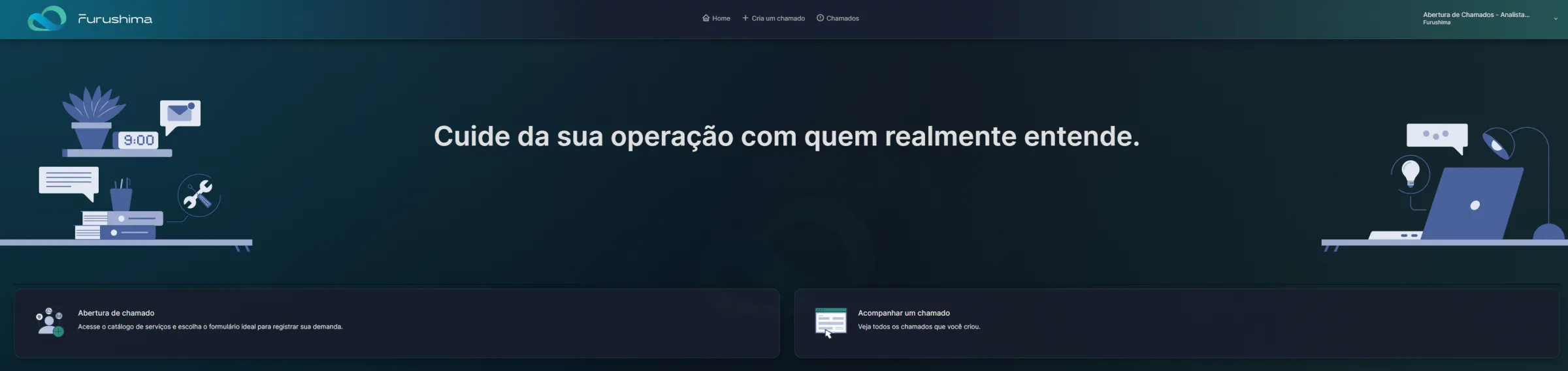 Tela inicial do portal de chamados da Furushima com as opções de abrir um chamado ou acompanhar os já criados