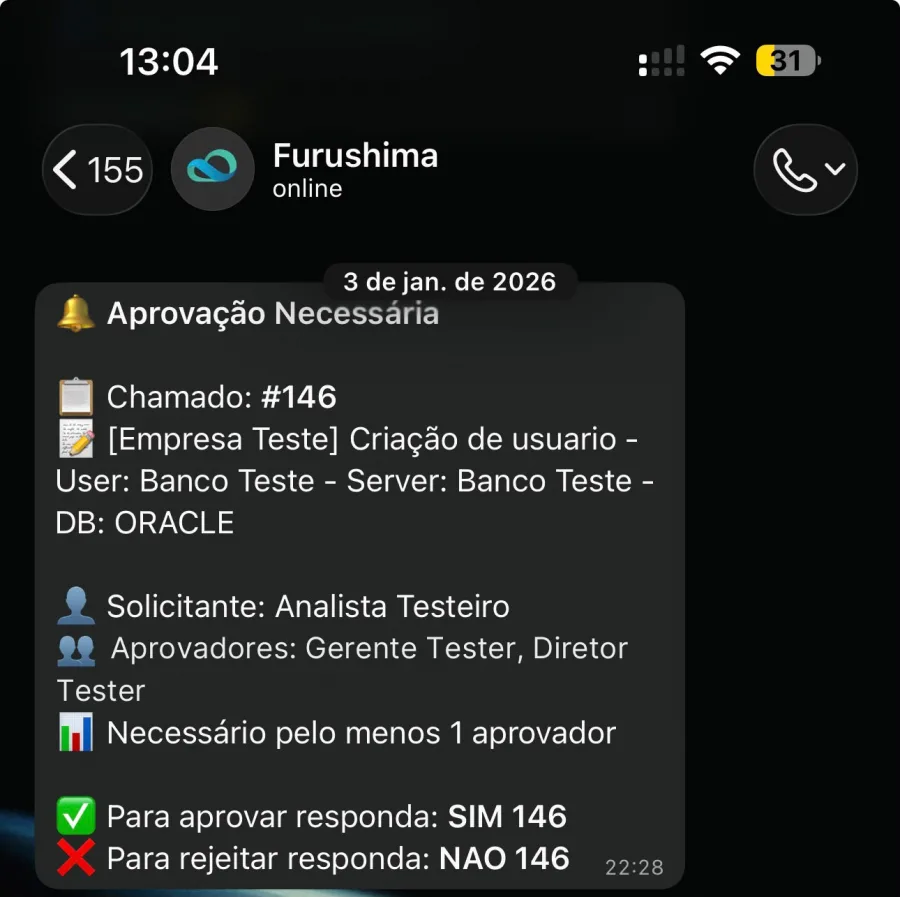 Pedido de aprovação recebido no WhatsApp com número do chamado, título, solicitante, aprovadores e os comandos SIM e NAO