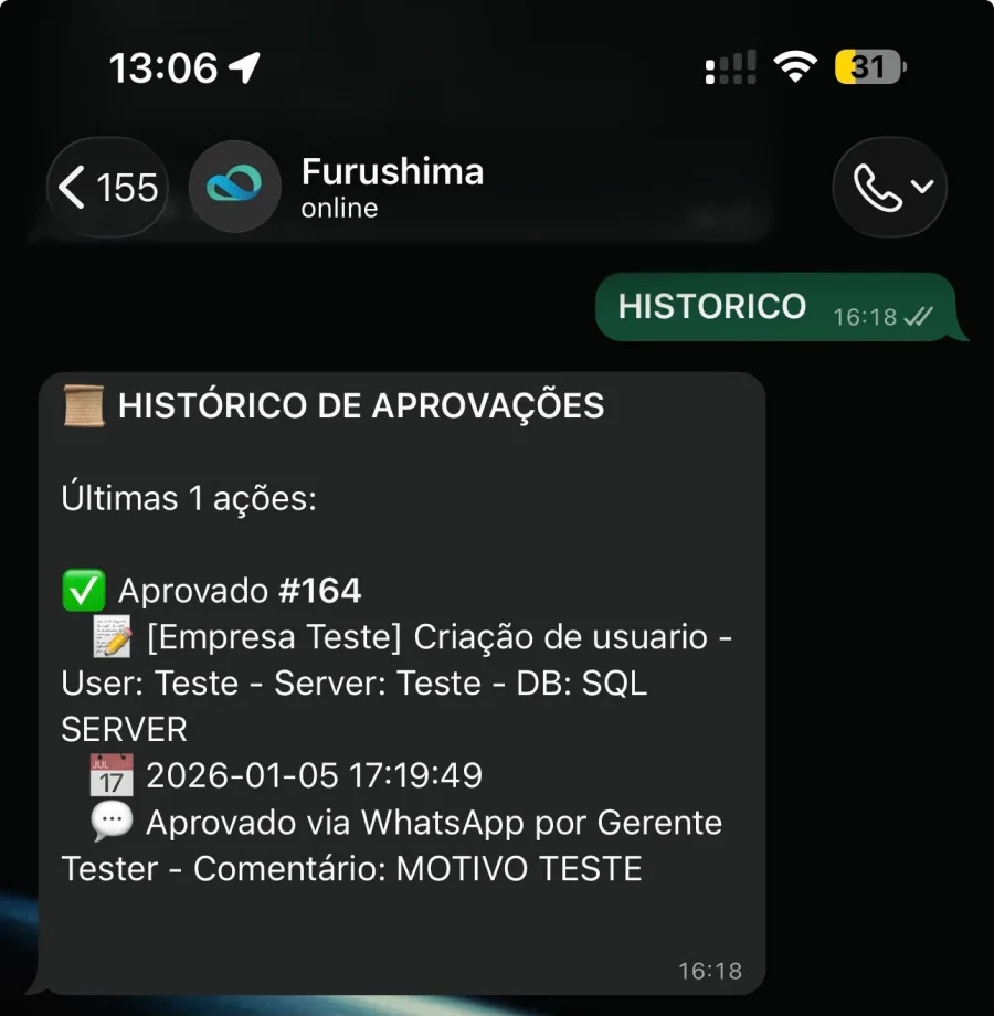 Histórico de aprovações consultado pelo WhatsApp, com data, hora e o comentário de quem aprovou