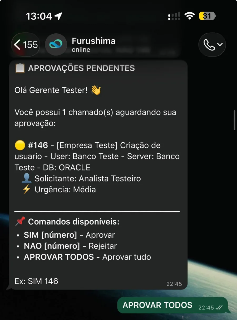 Lista de aprovações pendentes no WhatsApp com os comandos disponíveis e a resposta aprovar todos