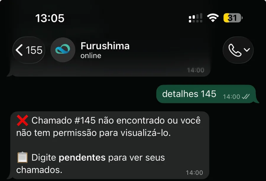 Consulta a um chamado de outra pessoa negada pelo robô do WhatsApp