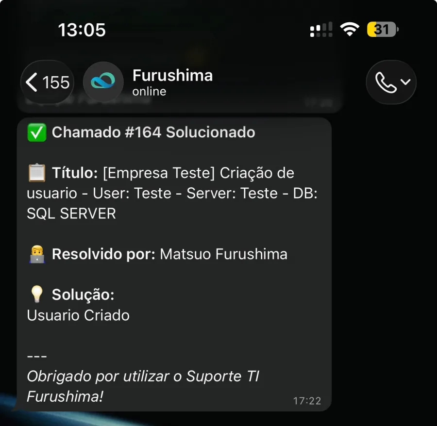 Aviso de chamado solucionado no WhatsApp com quem resolveu e a solução aplicada